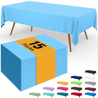 Imagem de Smiry Toalha de mesa descartável – pacote com 15, toalhas de mesa retangulares impermeáveis de 137 x 272 cm para festas, capa de mesa de plástico decorativa, à prova de vazamento e resistente, azul