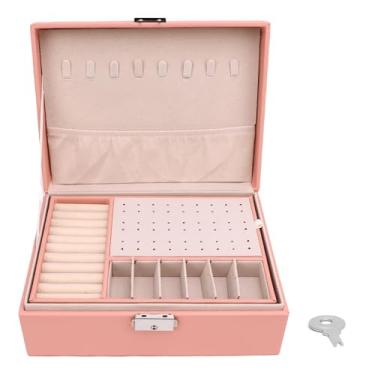 Imagem de Cuofyunl caixa de joias de 2 camadas, brincos, anéis, colares, pulseiras, organizador de armazenamento com fechadura, couro pu, suporte com fechadura, rosa