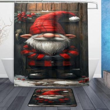 Imagem de xigua Gnomos de Natal fofos conjuntos de tapetes de cortina de banho 2 peças, conjunto de tema de banheiro (152 x 182 cm) com cortina de chuveiro e tapete antiderrapante -12 ganchos443