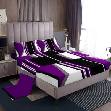 Imagem de Erosebridal Jogo de lençol Queen abstrato roxo e preto cinza moderno listrado geométrico, arte contemporânea, boêmio, lençol com elástico minimalista