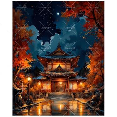 Imagem de TAOPAOLAB Kit de pintura japonesa por números para adultos – DIY pintura de santuário noturno de outono em tela 30 x 40 cm, conjunto de tinta acrílica emoldurada, adequado para iniciantes, arte para