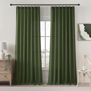Imagem de Cortinas plissadas de linho verde-oliva 260 cm de comprimento, conjunto de 2 painéis para sala de estar, quarto, casa de fazenda, neutro, linho, aba traseira, plissada, piso de teto, cortina de janela
