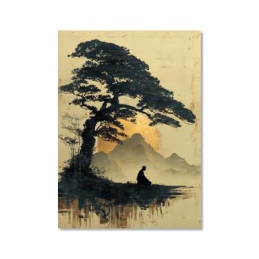 Imagem de Pôster de arte de parede de Buda Zen sombrio Bodhi Pintura Árvore Solidão Meditação Impressão em Tela Estilo Chinês Vintage Arte de Parede Espiritual Decoração de Escritório em Casa (SKU1,40.6x60 cm