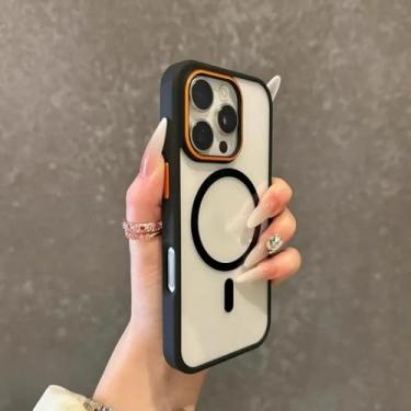 Imagem de Capa transparente de luxo para iPhone 17, 16, 15, 14, 13, 12, 11 Pro Max, com proteção contra impactos, ímã e carregamento sem fio, na cor preta.