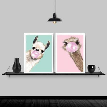 Imagem de Kit 2 Quadros Lhama E Avestruz Chiclete 33X24 Moldura Branca