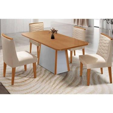 Imagem de Mesa Cozinha Tilia c/ Tampo Madeirado Canto Curvo 120x80cm e 4 Cadeiras Maldivas Madeira Maciça Naturale/Off White - Capuccino/Suede Creme-Rufato