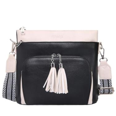 Imagem de HiChiclife Bolsa transversal feminina, bolsa de ombro de couro macio tamanho médio com alça ajustável, Preto, branco, 10 inches x 4 inches x 3 inches, Moderno