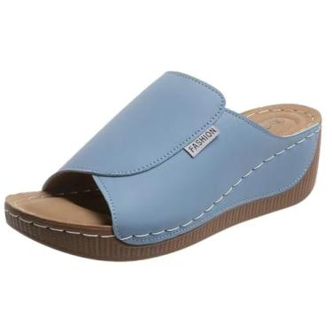 Imagem de Bagkeak Sandália feminina plataforma de suporte de arco 2025 slip-on casual bico aberto faixa larga sapato de caminhada, Azul-claro, 40