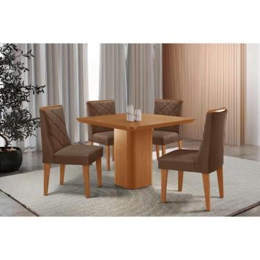 Imagem de Conjunto: Mesa Sala Jantar Maldivas Tampo Curvo 90cm+4 Cadeiras Pietá Madeira Naturale - Capuccino/Suede Marrom - Rufato