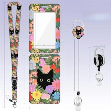 Imagem de Conjunto de carretel retrátil de flor de gato preto, porta-cartão de identificação com cordão removível, kit de clipe de crachá multiuso para escritório, escola e uso diário