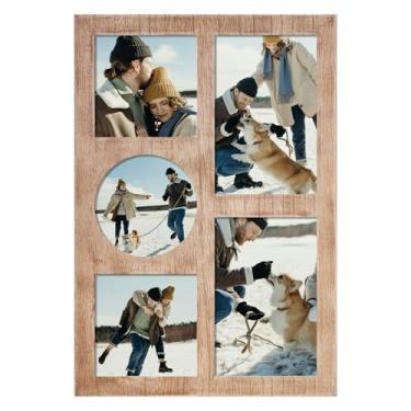 Imagem de YESKAY Colagem de porta-retratos para fotos de 10 x 10 x 10 cm, moldura de 5 aberturas, molduras de família com vidro temperado para decoração de parede (marrom rústico_1 pacote)