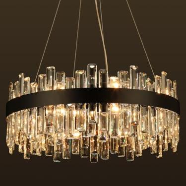 Imagem de Lustres de cristal para luminárias de sala de jantar, 16 luzes luxuosas lustres modernos dourados para quarto, luminárias redondas de cristal de 2 camadas para sala de estar, entrada, cozinha, ilha