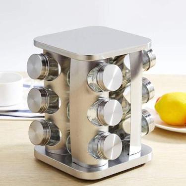 Imagem de Porta Tempero Condimento Giratório Aço Inox 12 Potes Vidro - Palaziun