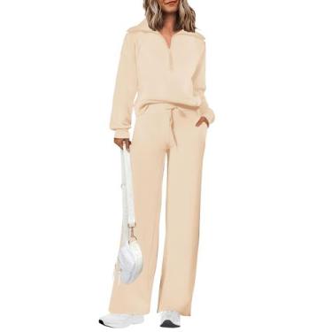 Imagem de Conjunto de Moletom PRETTYGARDEN com Zíper 3/4 e Calça Palazzo XL Bege