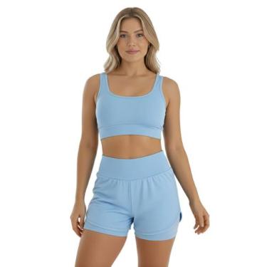 Imagem de Conjunto de Short Duplo Fitness Academia Treino Feminino Cor:Azul Bebe