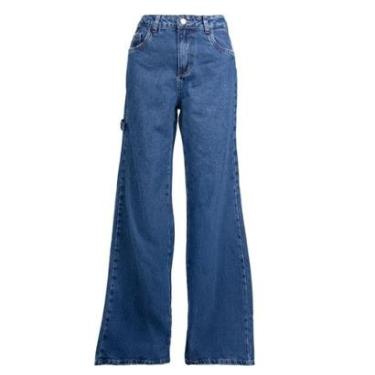 Imagem de Calça Jeans Feminina Sawary Wide Leg Puídos Azul Escuro-Feminino