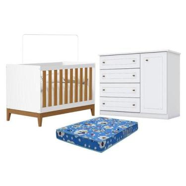 Imagem de Berço Americano Flip Branco Acetinado Savana Reller E Cômoda Infantil 