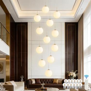 Imagem de KoKo&Yukina 12 Luzes Globo De Vidro Branco Leitoso Luminárias Pendentes De Comprimento Ajustável Luminárias Pendentes Modernas De Vidro Globo De Vidro Lustres Dourados Lustres Grandes Para Tetos Alt