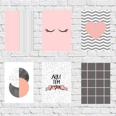 Imagem de Kit 6 Placas Decorativas Rosa E Cinza 18x27cm