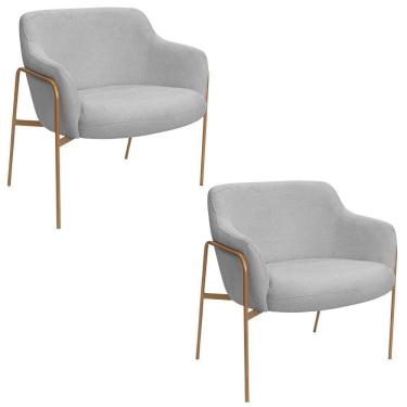 Imagem de Kit 02 Poltronas Decorativas Jade Base Aço Ouro Fosco Bouclé Cinza Claro - Nexta Casa