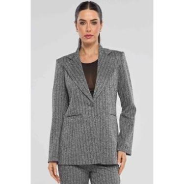 Imagem de Blazer PKS Alfaiataria Risca de Giz Cinza e Preto-Feminino