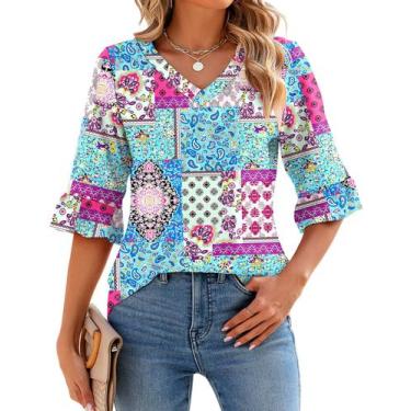 Imagem de Blusa feminina LOMON, manga 3/4, decote em V, túnica com babados, azul