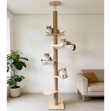 Imagem de Torre de árvores para gatos do chão ao teto com haste de sisal para arranhar, altura ajustável de 208 a 297 cm, árvore de escalada de 5 camadas para gatos internos grandes e adultos, árvore de