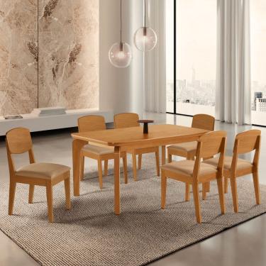 Imagem de Conjunto Sala de Jantar Mesa Tampo 180cm Canto Copo de Mdf e 6 Cadeiras Dublin Cleo Yescasa Turim / Naturalle