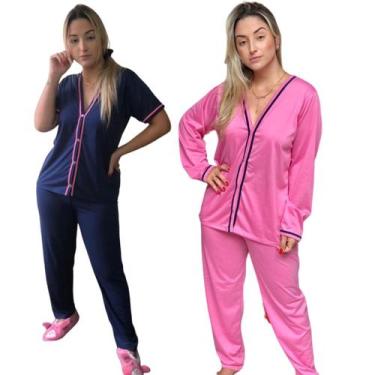 Imagem de Kit 2 Pijamas Femininos Aberto De Botões Inverno Manga Longa - PIJAMAS