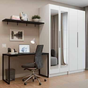 Imagem de Conjunto Home Office 2 Armários Neo Com Espelhos 1 Escrivaninha 2 Prateleiras Branco/ne...