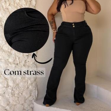 Imagem de Calça Jeans Feminina Flare Plus Size Dois Botões Preta Com Strass - Pr