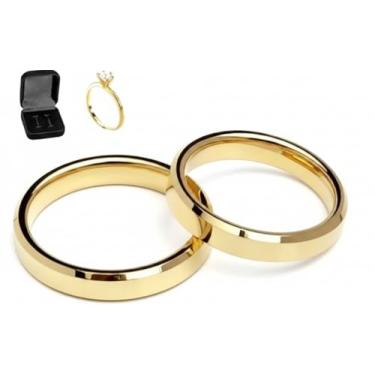 Imagem de Alianças Par 4mm Ouro Reta Chanfrada Banhadas 24k com Caixa de Veludo e Anel Solitário Anatomicas Casamento Compromisso Noivado