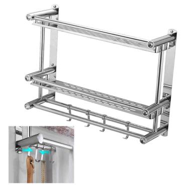 Imagem de Suporte Organizador Multiuso MC41926 Inox 2 Prateleiras 4 Ganchos para Cozinha e Banheiro AB Mídia