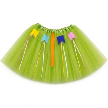Imagem de Saia Junina Infantil de Tule com Bandeirinhas e Fitas 30CM Verde Claro Extra Festas