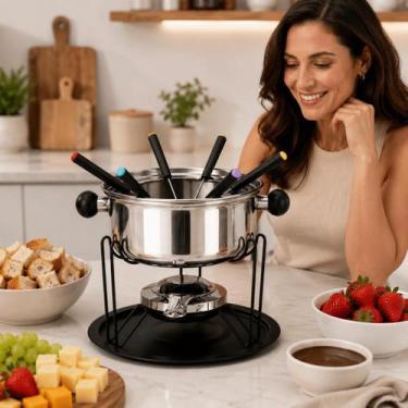 Imagem de Kit Fondue Confraternizacao 11 Peças Inox Panela Fogareiro Garfos Colo