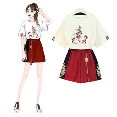 Imagem de Rock88 Conjunto de camiseta estilo chinês + calça Kung Fu de perna larga feminina casual de verão estilo praia roupas respiráveis, branca, M (50 kg)
