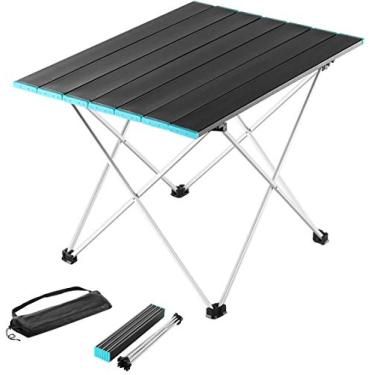 Imagem de Mesa dobrável de alumínio ultraleve portátil com bolsa de armazenamento, fácil de transportar para atividades ao ar livre, acampamento, piquenique, churrasco, cozinhar, festival, praia, caminhadas, viagens, pesca, uso doméstico (lado azul grande)