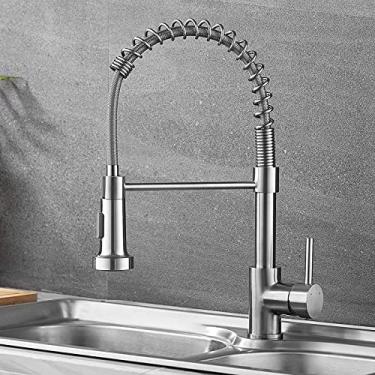 Imagem de Torneiras de cozinha comercial latão sólido alça única alavanca puxador pulverizador mola pia de cozinha níquel/preto, níquel