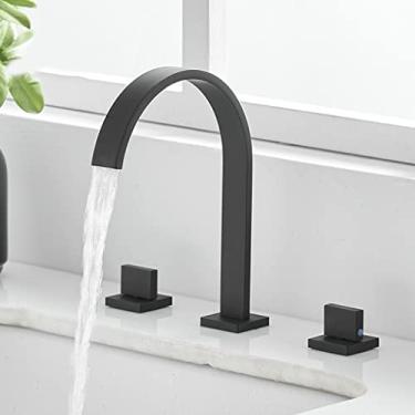 Imagem de Torneiras para pia de banheiro, torneiras de pia de banheiro quadradas montadas em latão preto polido, 3 furos com alça dupla para torneira de água quente e fria Torneira misturadora (cor: cor preta)
