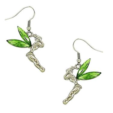 Imagem de DianaL Boutique Brincos de fada Tinkerbell com asas de cristal verde, caixa de presente, sino de sino
