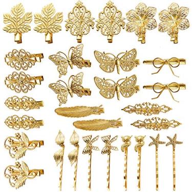 Imagem de Pacote com 30 unidades/15 pares de presilhas de cabelo jacaré de metal dourado com presilhas de cabelo de alfinete Bobby. Acessórios decorativos de borboleta para mulheres e meninas