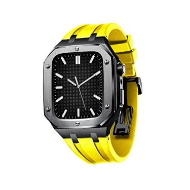 Imagem de XDEWZ Capa de metal militar para Apple Watch Mod Kit Acessórios Série 7 SE 6 5 4 Capa protetora de metal com alça de silicone Para-choque 45mm 44mm (Cor: Preto Amarelo, Tamanho: 45MM para 7)