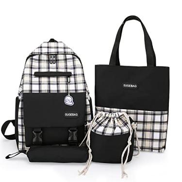 Imagem de Mochila universitária com bolsa, bolsa de moedas, estojo de lápis conjunto de 4 peças mochila de lona para laptop vários bolsos mochila Harajuku, preto, 40 x 29 cm