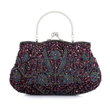 Imagem de Vistatroy Bolsa de noite de designer floral com contas e design de lantejoulas vintage com trava de beijo de cetim bolsa clutch para festa de casamento, Roxa