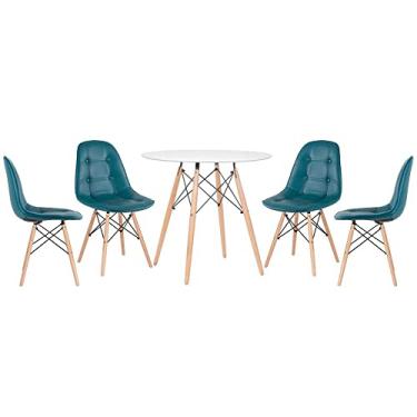 Imagem de Loft7, Kit Mesa Eames Eiffel 80 cm branco + 4 cadeiras estofadas Eames Botonê turquesa