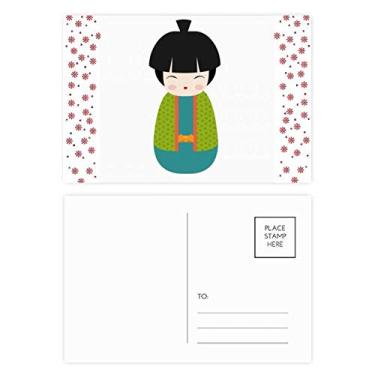 Imagem de Green Kimono Doll Art Japan Christmas Christmas Flower Celebration Cartão postal Blessing Mailing Card