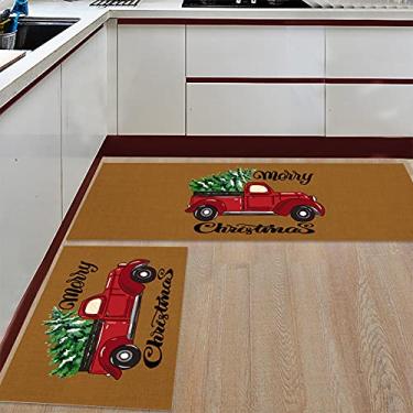 Imagem de Conjunto de 2 tapetes de cozinha Feliz Natal caminhão vermelho com árvore verde marrom para tapetes acolchoados no chão e tapetes antiderrapantes absorventes corredor confortável tapete de pé
