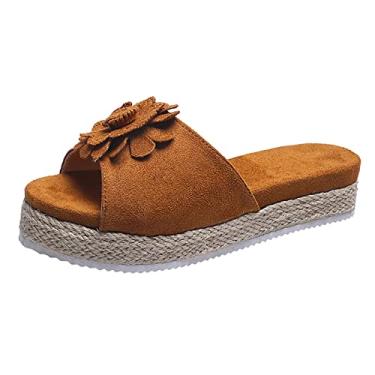 Imagem de Chinelos femininos respiráveis de bico aberto feminino comércio exterior salto plano sola grossa flor malha sola sandália sapatos (marrom, 38)