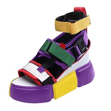 Imagem de Sandálias femininas plataforma de tiras femininas bico aberto plataforma sapatos casuais salto anabela sandálias de tira no tornozelo colorblock (roxo, 37)
