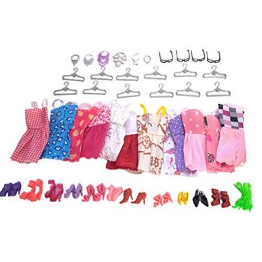 Imagem de Roupas de Boneca Sapatos Fino Acabamento óculos Colar Kit Roupas para Bonecas Cabides Cinza para Entretenimento Infantil (Colorida97)
